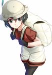  akasaai backpack bag black_gloves black_hair black_legwear breasts commentary_request cowboy_shot gloves hair_between_eyes hat hat_feather helmet highres kaban_(kemono_friends) kemono_friends leaning_forward light_smile lips looking_to_the_side pantyhose pith_helmet red_shirt shirt short_hair shorts small_breasts solo wavy_hair 