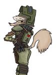  anthro armor bandage blonde_hair butt canine clothed clothing dog female fur hair hands_on_hips helmet lenyavok looking_at_viewer looking_back mammal military pose smile smirk solo suggestive tan_fur uniform visor wendy_carlyle 