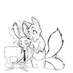  anthro arctic_fox black_and_white canine clothed clothing disney duo female fox jack_savage lagomorph male mammal monochrome necktie open_mouth open_smile rabbit replytoanons sewing_machine skye_(zootopia) smile zootopia 