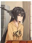  alternate_costume black_hair casual commentary_request enosan headgear hood hoodie indoors jacket kantai_collection kotatsu long_hair nagato_(kantai_collection) red_eyes revision solo table wavy_mouth yellow_jacket 