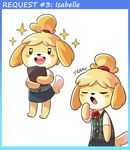  animal_ears blonde_hair blush_stickers clipboard closed_eyes dog_ears dog_girl dog_tail doubutsu_no_mori furry mary_cagle multiple_views open_mouth round_teeth shizue_(doubutsu_no_mori) smile tail teeth topknot yawning 