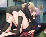  all_fours alle_gro artoria_pendragon_(all) ass barefoot black_dress black_legwear black_ribbon black_shorts blonde_hair breasts commentary_request couch dress fate/grand_order fate_(series) fur-trimmed_jacket fur_trim hair_ribbon jacket jeanne_d'arc_(alter)_(fate) jeanne_d'arc_(fate)_(all) kneehighs long_hair looking_at_viewer looking_back lying medium_breasts multiple_girls on_back on_couch open_clothes open_jacket open_mouth ponytail profile ribbon saber_alter short_dress short_hair short_shorts shorts silver_hair teeth thighs twitter_username wicked_dragon_witch_ver._shinjuku_1999 yellow_eyes yuri 