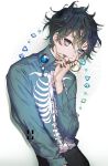  1boy bangs black_hair blue_eyes blue_shirt bone_print brooch brown_eyes closed_mouth collared_shirt dress_shirt english_commentary flipped_hair gem hair_over_one_eye hand_on_own_cheek hand_on_own_face heterochromia jewelry long_sleeves looking_at_viewer male_focus messy_hair multiple_rings original ribs ring shirt solo spine symbol_in_eye upper_body white_background yooani 