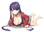  aqua_eyes bikini_top breasts cleavage elbow_rest fate/grand_order fate_(series) full_body jacket large_breasts long_hair looking_at_viewer lying on_stomach purple_hair red_jacket saint_martha saint_martha_(swimsuit_ruler)_(fate) shovelwell smile solo track_jacket 
