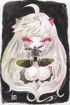  ahoge aircraft airplane black_background border covered_mouth eyelashes highres horns kantai_collection looking_at_viewer mittens mixed_media northern_ocean_hime propeller red_eyes shinkaisei-kan signature slit_pupils solo tesun_(g_noh) traditional_media upper_body watercolor_(medium) white_hair 