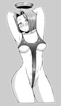  absurdres armpits arms_behind_head blush breasts greyscale highres kantai_collection kurozu_(crozu) mechanical_halo medium_breasts monochrome one-piece_swimsuit short_hair solo swimsuit tatsuta_(kantai_collection) underboob 