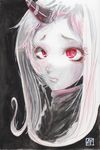  black_background eyelashes high_collar highres horn kantai_collection lips long_hair looking_at_viewer mixed_media nose red_eyes seaport_hime shinkaisei-kan signature slit_pupils solo tesun_(g_noh) traditional_media unhappy upper_body watercolor_(medium) white_hair 