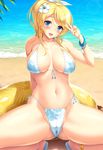  :d anklet arm_behind_back arm_support armlet artist_name ayase_eli bangle beach bikini blonde_hair blue_eyes blush bracelet breasts cameltoe covered_nipples cygnus_(cygnus7) floral_print flower front-tie_top hair_flower hair_ornament hibiscus highres jewelry large_breasts long_hair love_live! love_live!_school_idol_project navel open_mouth ponytail print_bikini revision shiny shiny_skin signature skindentation smile solo spread_legs swimsuit v 