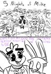  2015 animatronic anthro avian bear bib bird bonnie_(fnaf) bow_tie buckteeth canine chica_(fnaf) chicken clothing crowbar dialogue english_text female five_nights_at_freddy&#039;s fox foxy_(fnaf) freddy_(fnaf) group hat human inkyfrog lagomorph machine male mammal mike_schmidt rabbit restricted_palette robot security_guard simple_background sweat sweatdrop teeth text top_hat uniform video_games white_background 