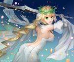  aestus_estus alle_gro arms_up bangs bare_back blonde_hair breasts bridal_veil butt_crack commentary_request dress elbow_gloves eyebrows_visible_through_hair fate/extra fate/extra_ccc fate_(series) from_side gloves green_eyes grey_gloves holding holding_sword holding_weapon large_breasts laurel_crown looking_at_viewer looking_back nero_claudius_(bride)_(fate) nero_claudius_(fate)_(all) open_mouth sideboob sidelocks smile solo sword tied_hair twitter_username veil weapon wedding_dress white_sleeves 