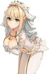  :| belt bent_over blonde_hair breasts chain cleavage closed_mouth collarbone covering covering_breasts expressionless eyebrows eyebrows_visible_through_hair fate/extra fate/extra_ccc fate_(series) flower_wreath glint green_eyes hair_between_eyes head_wreath highres jewelry lock long_sleeves looking_at_viewer medium_breasts navel necklace nero_claudius_(bride)_(fate) nero_claudius_(fate)_(all) no_bra open_clothes revision rikoma short_hair simple_background solo stomach tsurime underwear veil white_background 
