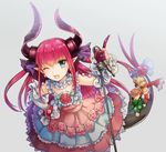  2girls ;d alle_gro bangs blue_eyes closed_eyes commentary_request detached_sleeves dragon_girl dragon_horns dragon_tail dress elizabeth_bathory_(fate) elizabeth_bathory_(fate)_(all) eyebrows_visible_through_hair fate/extra fate/extra_ccc fate/grand_order fate_(series) grey_background hand_on_hip horns index_finger_raised jitome leaning_forward looking_at_another looking_at_viewer microphone multiple_girls nero_claudius_(fate) nero_claudius_(fate)_(all) one_eye_closed open_mouth orange_hair pink_dress pink_hair pointy_ears red_dress robin_hood_(fate) sidelocks simple_background smile solo_focus tail 
