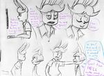  2015 alternate_species anthro blush bonnie_(fnaf) buckteeth chest_tuft clothed clothing dialogue duo english_text five_nights_at_freddy&#039;s five_nights_at_freddy&#039;s_2 furrification inkyfrog lagomorph male mammal rabbit restricted_palette simple_background teeth text toy_bonnie_(fnaf) traditional_media_(artwork) tuft video_games white_background 