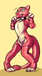  2016 anthro bodysuit bulge charmeleon clothing collar costume digital_drawing_(artwork) digital_media_(artwork) exavier gag gagged hi_res lock male nintendo pok&eacute;mon pok&eacute;mon_costume rubber shiny simple_background skinsuit text tight_clothing unknown_species video_games white_background zipper 