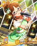  akizuki_ritsuko brown_hair card_(medium) character_name dress glasses gloves green_dress idolmaster idolmaster_(classic) idolmaster_million_live! jewelry looking_at_viewer microphone necklace official_art sleeveless solo stage white_gloves 