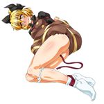  arms_behind_back ass bangs bdsm black_bow blonde_hair blush bondage bound bound_ankles bound_arms bow breasts brown_dress commentary_request dress eyebrows_visible_through_hair full_body hair_bow kurodani_yamame legs looking_away lying medium_breasts nose_blush on_side ootsuki_wataru panties panty_pull parted_lips ponytail restrained rope shibari shibari_over_clothes shiny shiny_skin short_hair smile socks solo sweat thighs touhou transparent_background underwear white_legwear white_panties yellow_eyes 