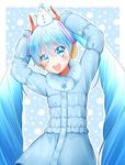  :d arms_up blue_background blue_eyes blue_hair blue_jacket down_jacket earmuffs frills fur-trimmed_jacket fur_trim hatsune_miku jacket long_hair looking_at_viewer on_head open_mouth rie-co smile snowing snowman snowman_on_head solo sparkling_eyes twintails upper_body very_long_hair vocaloid 