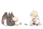  animalization box candy child eyepatch feathers food gift heart-shaped_box highres hood japanese_clothes male_focus nao_(naopopopo) necktie ookurikara sack shokudaikiri_mitsutada squatting taikogane_sadamune tonari_no_totoro totoro touken_ranbu tsurumaru_kuninaga white_hair yellow_eyes younger 