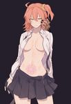  ahoge breasts cowboy_shot eyebrows_visible_through_hair fate/grand_order fate_(series) fujimaru_ritsuka_(female) hair_between_eyes medium_breasts navel no_bra no_panties one_side_up open_clothes open_shirt open_skirt orange_hair parted_lips pleated_skirt pubic_tattoo shirt simple_background skirt solo_focus sweat tattoo yayata_(884) yellow_eyes 