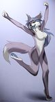  5_fingers angiewolf anthro armpits blue_hair breasts canine digitigrade dog featureless_breasts featureless_crotch female green_eyes hair mammal navel nude open_mouth pawpads simple_background smile solo standing teeth tongue 