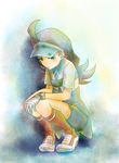  alternate_eye_color aqua_hair blue_eyes blue_hat blue_skirt buttons closed_mouth diamond_(shape) elite_four full_body gloves hat highres kahili_(pokemon) kneehighs long_hair mole mole_under_eye orange_legwear pencil_skirt pokemon pokemon_(game) pokemon_sm shoes short_sleeves single_glove skirt solo squatting visor_cap white_footwear white_gloves yukari_(pixiv4887351) z-ring 