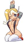  1girl arms_up bikini black_bikini blonde_hair blue_eyes breasts bright_pupils call_e erect_nipples full_body hand_behind_head large_breasts long_hair looking_at_viewer microphone mighty_no._9 multicolored_hair one_eye_closed open_mouth robot_joints seiza side_ponytail simple_background sitting sling_bikini solo swimsuit thighhighs two-tone_hair white_background white_hair white_legwear 