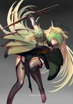  absurdres ahoge animal_ears atalanta_(fate) bad_id bad_pixiv_id blonde_hair bow_(weapon) cat_ears character_name copyright_name fate/apocrypha fate/grand_order fate_(series) full_body gloves gradient_hair green_eyes green_hair highres long_hair looking_at_viewer multicolored_hair reido_(reido_c) smile solo tail thighhighs two-tone_hair weapon 