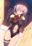  ass_visible_through_thighs bangs black_legwear black_leotard blush breasts breasts_apart ceiling closed_mouth clothes_lift collared_shirt cowboy_shot dutch_angle embarrassed evening eyebrows_visible_through_hair eyes_visible_through_hair fate/grand_order fate_(series) green_sweater hair_over_one_eye head_tilt highres impossible_clothes impossible_leotard indoors kawai large_breasts lens_flare leotard leotard_under_clothes lifted_by_self light_particles lips locker locker_room long_sleeves looking_at_viewer mash_kyrielight navel navel_cutout necktie nose_blush purple_eyes red_neckwear shade shirt short_hair silver_hair single_thighhigh skin_tight skindentation solo standing stomach sweater sweater_lift thigh_gap thigh_strap thighhighs thighs tile_ceiling tiles undressing 