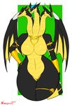  2017 3_heads andrea_lexin anthro big_breasts black_body black_sclera blue_eyes blue_tongue breasts claws dragon eyelashes eyes_closed fangs featureless_breasts featureless_crotch female green_background hand_on_hip hydra jewelry looking_at_viewer membranous_wings multi_head navel necklace nnecgrau nude one_eye_closed pose red_eyes scalie simple_background smile solo spikes standing thick_thighs tongue tongue_out white_background wide_hips wings yellow_body 