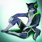  5_fingers angiewolf anthro barefoot black_nose canine clothed clothing dog eyelashes gradient_background green_eyes headphones mammal navel simple_background solo 