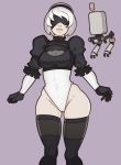  bangs black_blindfold black_hairband blindfold cleavage_cutout covered_eyes covered_navel cowboy_shot drone gloves hairband highleg highleg_leotard highres juliet_sleeves lavender_background leotard long_sleeves looking_at_viewer mole mole_under_mouth nier_(series) nier_automata pod_(nier_automata) puffy_sleeves robot silver_hair simple_background smile solo splashbrush thighhighs white_hair white_leotard yorha_no._2_type_b 