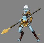  absurdres armor artist_name azwraith_(dota) black_sclera blue_skin boots bracer claws defense_of_the_ancients digitigrade dota_2 full_body genderswap genderswap_(mtf) grey_background highres lance leather leather_boots mcrc_science monster_girl pointy_ears polearm shoulder_pads weapon white_hair yellow_eyes 