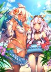  :&lt; ;d ahoge bare_shoulders beach bikini blush breasts cleavage closed_mouth cloud dark_skin day dragon elbow_gloves flower gloves granblue_fantasy hair_between_eyes hair_flower hair_ornament hibiscus innertube jpeg_artifacts long_hair looking_at_viewer medium_breasts medusa_(shingeki_no_bahamut) multiple_girls navel one-piece_swimsuit one_eye_closed open_mouth outdoors red_eyes red_gloves revision shennai_misha shingeki_no_bahamut sky small_breasts smile snake swimsuit v-shaped_eyebrows very_long_hair white_bikini white_hair zooey_(granblue_fantasy) 