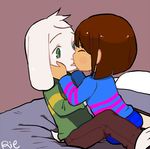  2016 2017 ambiguous_gender anthro asriel_dreemurr bed blue_pants blush boss_monster brown_hair caprine child clothed clothing cub cute duo edit fur goat hair human kissing long_ears male mammal protagonist_(undertale) rie_(artist) short_hair simple_background undertale video_games white_fur young 
