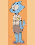  2017 anthro barefoot basset-art blue_fur breasts cartoon_network cat clothing digital_media_(artwork) eyelashes fangs feline female fur mammal mature_female nicole_watterson open_mouth pin raised_tail shirt skirt slightly_chubby solo standing the_amazing_world_of_gumball whiskers 