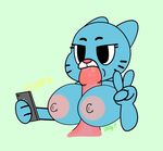  2017 anthro blue_fur breasts cartoon_network cat cellphone digital_media_(artwork) disembodied_penis faceless_male feline fellatio female fur half-closed_eyes male male/female mammal nicole_watterson nipples nude oral penis phone selfie sex simple_background skadog the_amazing_world_of_gumball titfuck v_sign whiskers 
