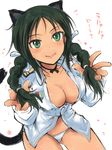  animal_ears ass_visible_through_thighs blush breasts cat_ears cat_tail choker cleavage collarbone cowboy_shot emblem fangs francesca_lucchini green_eyes green_hair hair_ornament hair_ribbon heart highres holding holding_hair large_breasts long_hair looking_at_viewer military military_uniform mishiro_shinza older open_clothes panties ribbon simple_background smile solo strike_witches striped striped_panties tail text_focus tight translation_request twintails underwear uniform white_background white_ribbon world_witches_series 