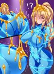  ? ass blonde_hair blush bodysuit breasts closed_mouth highres honey konno_tohiro large_breasts long_hair metroid mole mole_under_mouth multiple_views one_eye_closed ponytail restrained samus_aran shiny shiny_clothes shiny_hair zero_suit 