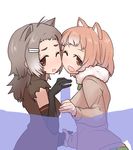  2girls american_beaver_(kemono_friends) animal_ears antenna_hair beaver_ears black-tailed_prairie_dog_(kemono_friends) black_gloves brown_eyes brown_hair elbow_gloves fur_collar gloves hair_ornament hairclip handjob hetero holding_hands kemono_friends long_hair long_sleeves looking_at_viewer male_pubic_hair multiple_girls multiple_handjob one_eye_closed penis pov prairie_dog_ears pubic_hair short_hair silhouette sumiyao_(amam) 