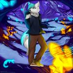  2016 5_fingers angiewolf anthro black_nose blue_eyes blue_hair canine clothed clothing detailed_background dog forest fur grass hair male mammal solo standing tree white_fur 