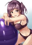 :d ahoge ball blue_background bow bow_panties bra breasts brown_eyes cleavage exercise_ball gradient gradient_background hagikaze_(kantai_collection) highres kamelie kantai_collection large_breasts long_hair looking_at_viewer navel one_side_up open_mouth panties purple_bra purple_hair purple_legwear purple_panties shiny shiny_hair smile solo sweat underwear underwear_only white_background 