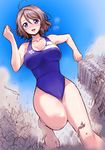  artist_name bare_shoulders barefoot blue_eyes blue_swimsuit blush breasts brown_hair building cleavage competition_swimsuit destruction from_below giantess love_live! love_live!_sunshine!! one-piece_swimsuit running short_hair solo swimsuit torajimaneko watanabe_you 