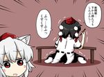  animal_ears black_hair commentary_request hat inubashiri_momiji multiple_girls pen pom_pom_(clothes) puffy_sleeves red_eyes rokunen shameimaru_aya shirt short_hair short_sleeves silver_hair skirt tokin_hat touhou translation_request wolf_ears 