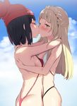  ass bangs beanie bikini black_hair blonde_hair blunt_bangs blush breasts closed_eyes cloud cloudy_sky commentary_request covered_nipples day flat_ass green_eyes hat highres hug kiss lillie_(pokemon) long_hair looking_at_another micro_bikini mizuki_(pokemon) multiple_girls noripachi outdoors pokemon pokemon_(game) pokemon_sm short_hair sky small_breasts swimsuit yuri 