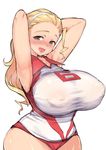  absurdres armpits arms_up bad_id bad_pixiv_id blonde_hair blush breasts brown_eyes covered_nipples curvy girls_und_panzer hair_pulled_back hairband highres hips huge_breasts long_hair looking_at_viewer puffy_nipples sasaki_akebi simple_background smile solo try wet wet_clothes 