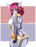  2017 anthro big_breasts big_butt black_horn blue_eyes blush breasts butt cervine clothed clothing deer english_text female fur grey_fur hair horn hoshicchi long_hair looking_at_viewer looking_back mammal nipple_bulge partially_clothed purple_fur red_hair side_boob signature solo text underwear virgin_killer_sweater white_fur 
