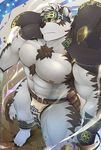  2017 abs anthro armpits biceps big_muscles black_nose canine clothed clothing digital_media_(artwork) fur headband horkeukamui loincloth male mammal multicolored_fur mumu202 muscular muscular_male nipples pecs simple_background solo tokyo_afterschool_summoners video_games white_fur wolf yellow_eyes 