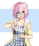  blue_dress blush breasts casual contemporary dress eyes_visible_through_hair fate_(series) feeding hair_over_one_eye hood hooded_track_jacket jacket large_breasts lips looking_at_viewer mash_kyrielight open_mouth open_track_jacket plaid plaid_dress purple_eyes purple_hair short_hair shovelwell solo track_jacket 