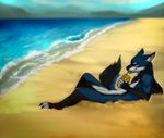  5_fingers angiewolf anthro beach black_fur black_nose blue_fur canine detailed_background digitigrade dog fur lying male mammal nude red_eyes seaside shore sky smile solo water 