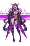  1girl absurdres breasts claws contrapposto eyebrows_visible_through_hair fur_trim glasses gloves glowing glowing_horns hand_on_hip highres hood hood_up horns large_breasts medium_hair original pink_eyes purple_gloves purple_hair purple_lips signature smile solo sound_wave standing torn_clothes yus 